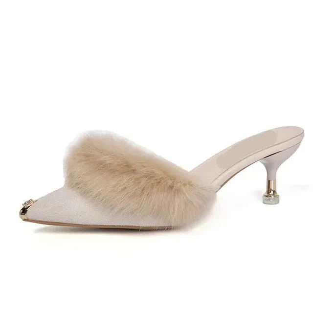 Pre Order:  Metal Tip Faux Fur Mules