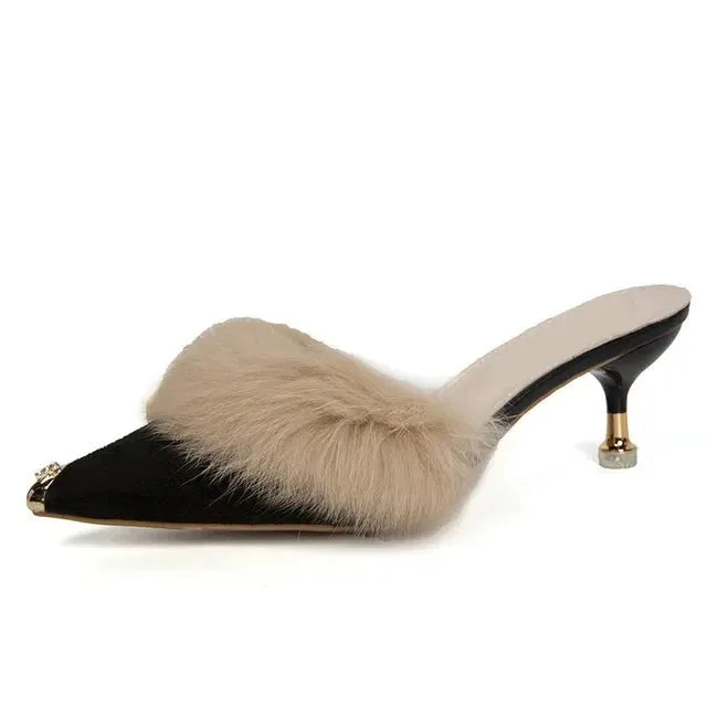 Pre Order:  Metal Tip Faux Fur Mules