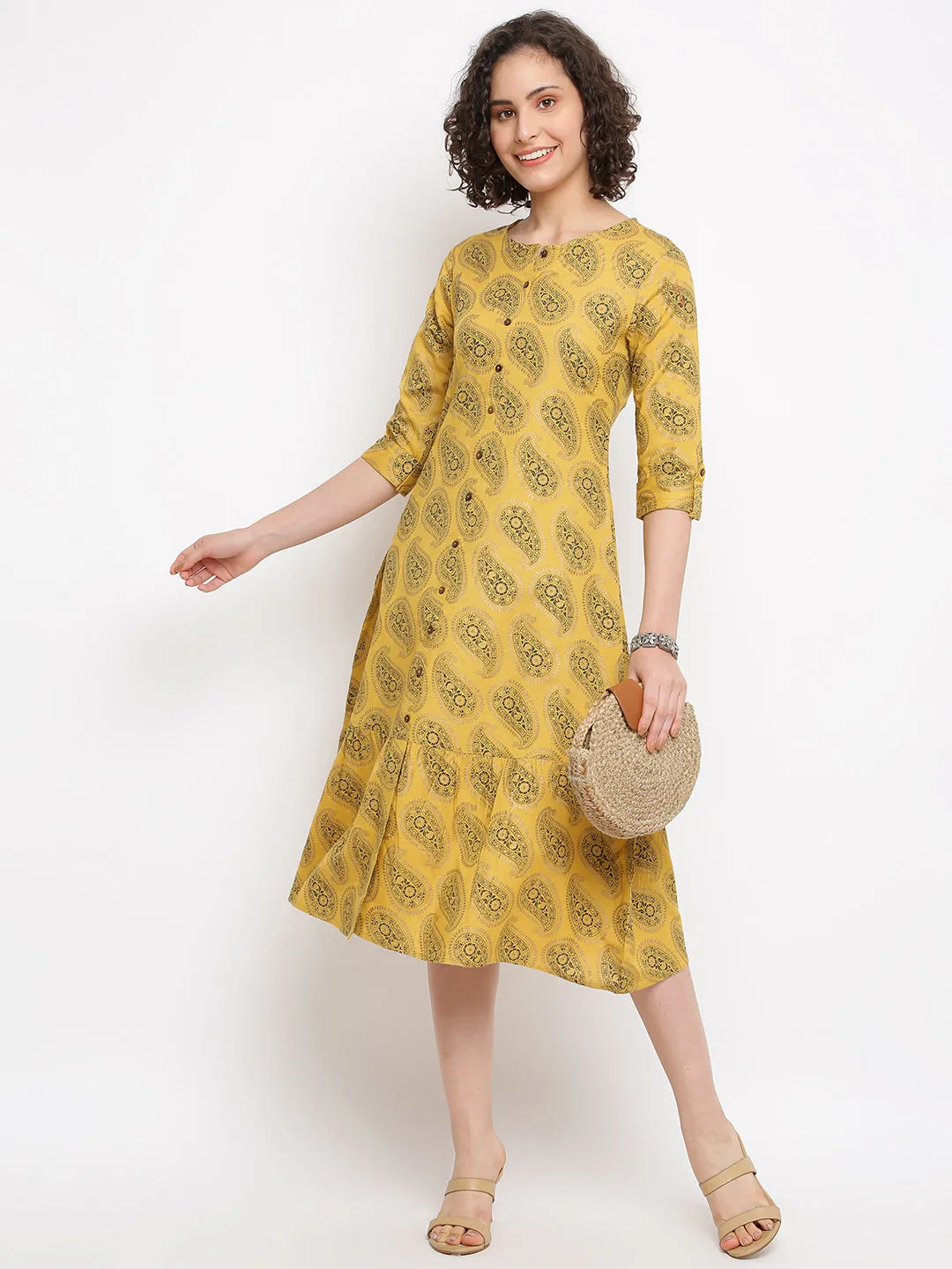 Printed Straight Musturd Dress