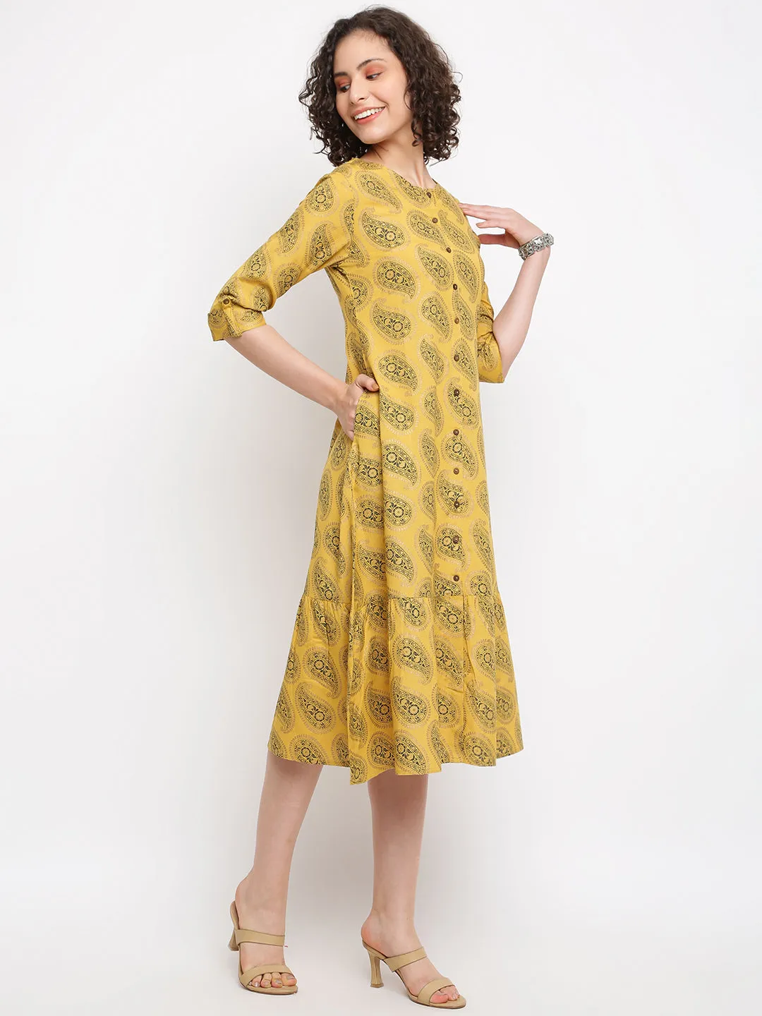 Printed Straight Musturd Dress