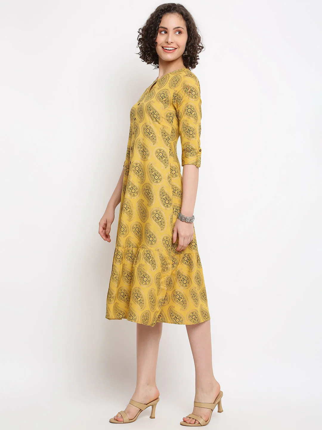 Printed Straight Musturd Dress