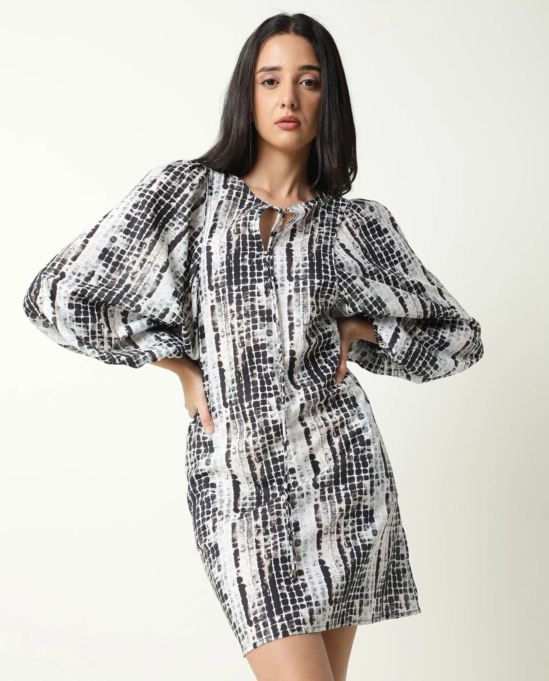 Rareism Women Ragi Black Printed Volume Sleeves Tie Up Neck With Pockets Mini Dress