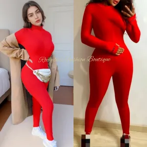 Red Turtleneck Zipper Jumpsuit