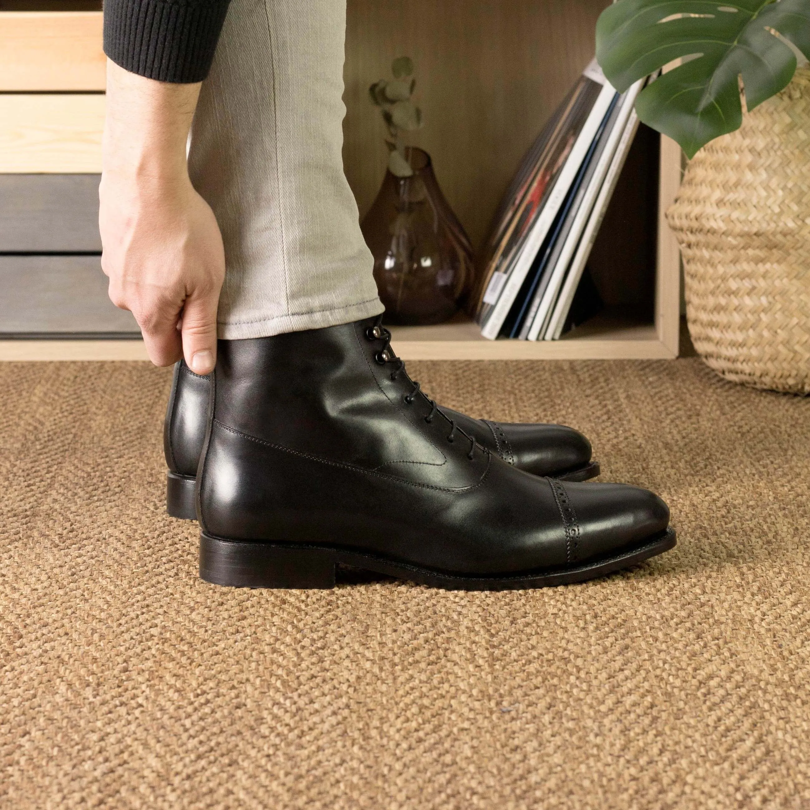 The Kinzie – Black Cap Toe Balmoral Boots with Cognac Sole.