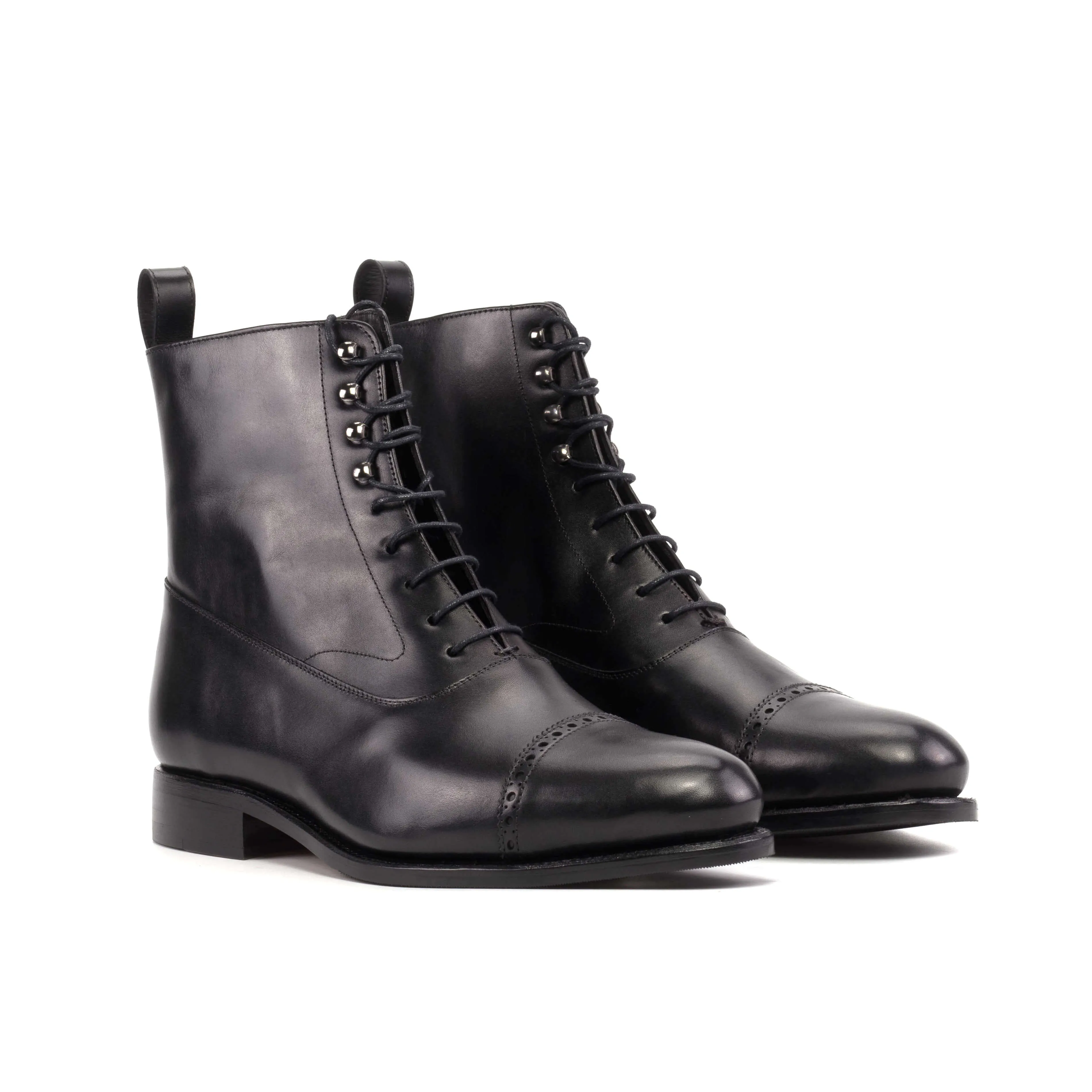 The Kinzie – Black Cap Toe Balmoral Boots with Cognac Sole.