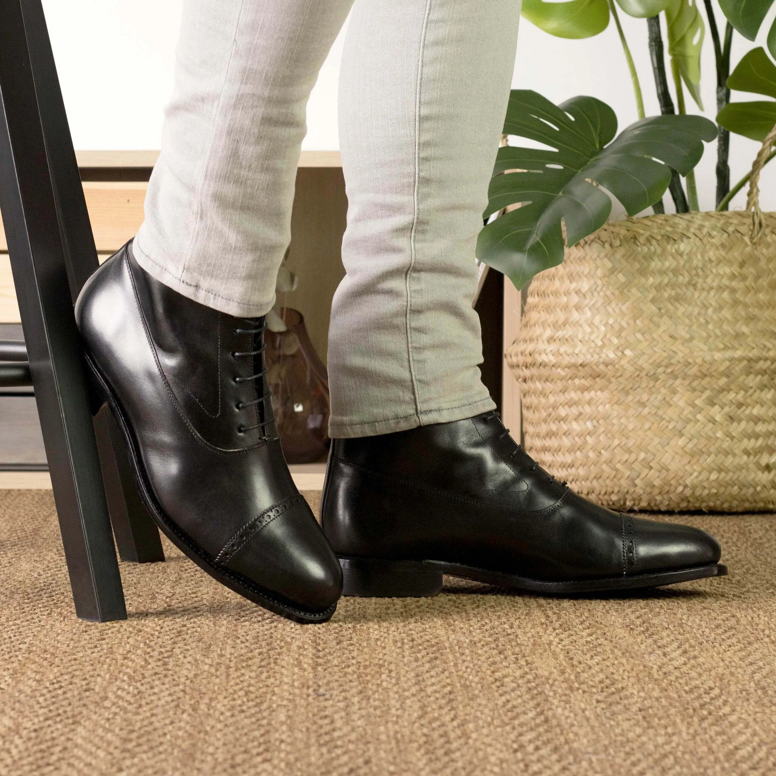 The Kinzie – Black Cap Toe Balmoral Boots with Cognac Sole.