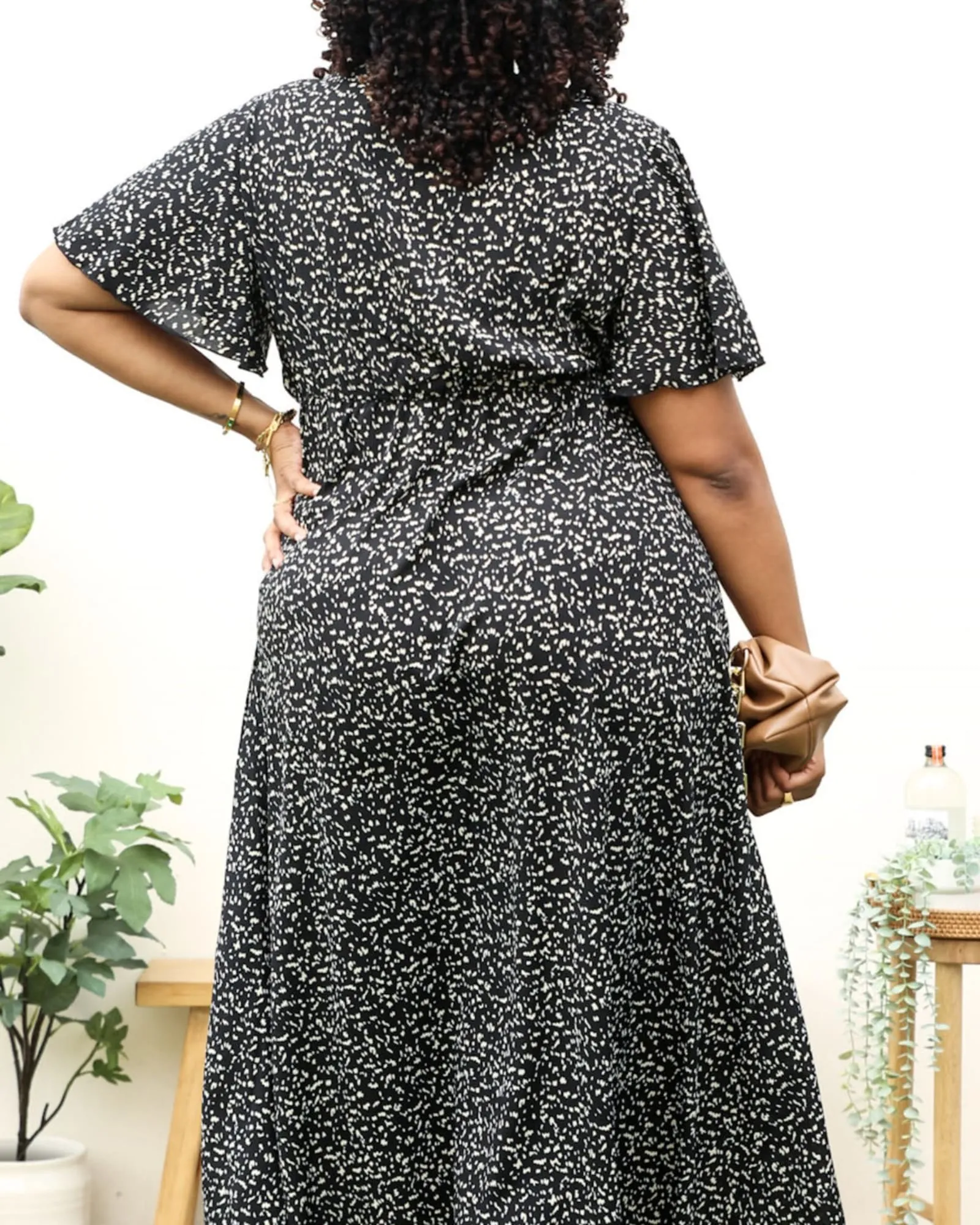 V-Neck White Floral Print Wrap Maxi Dress | Black