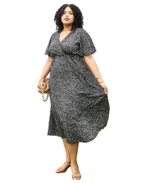 V-Neck White Floral Print Wrap Maxi Dress | Black