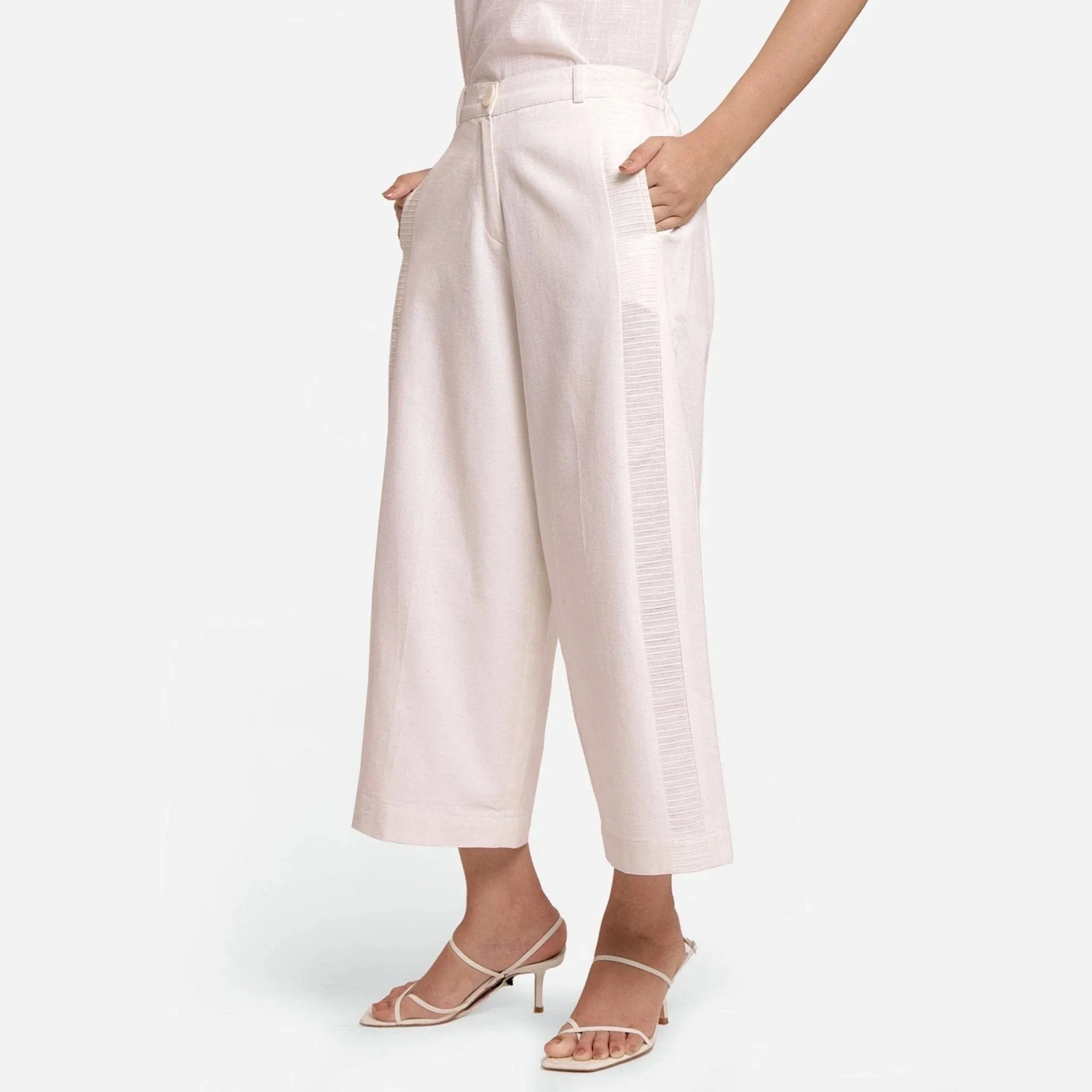 White Elasticated Mid-Rise Wide Legged Paneled Pant