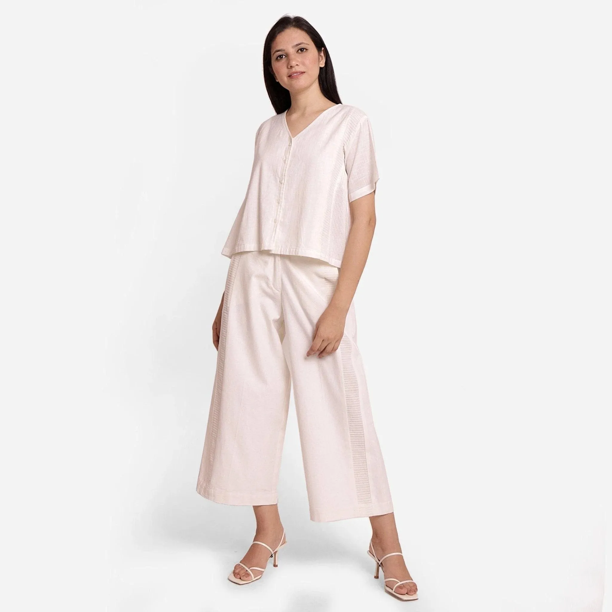 White Elasticated Mid-Rise Wide Legged Paneled Pant