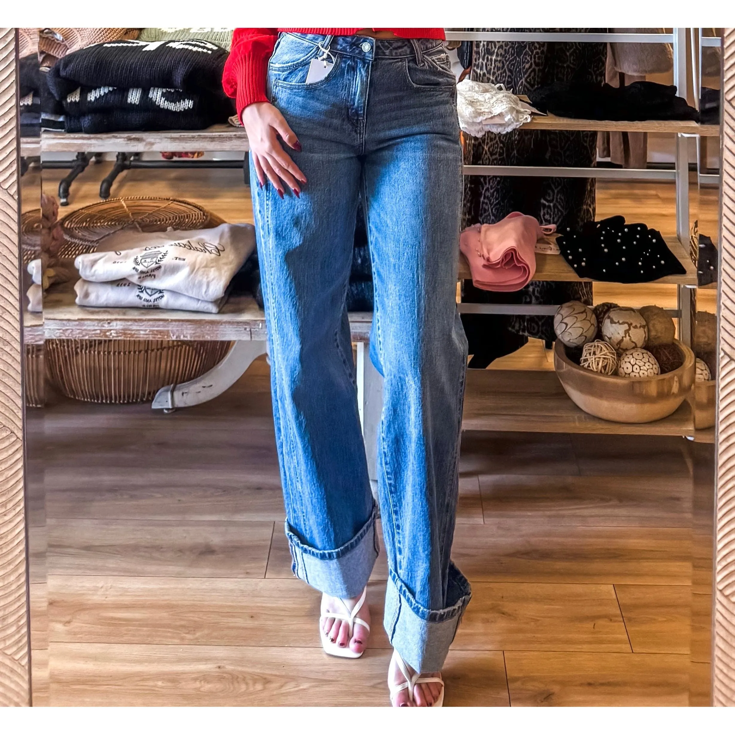 Wide Leg Cuffed Jeans