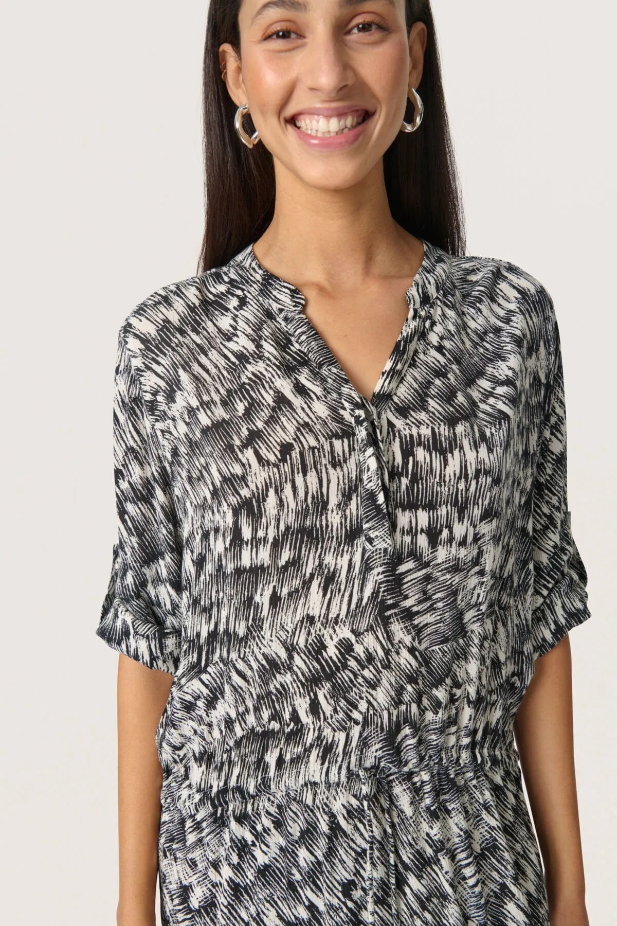 Zaya Printed Midi Dress - Black Stroke Print